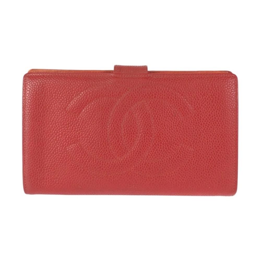 CHANEL Authentic Vintage Red Caviar Leather Logo Wallet